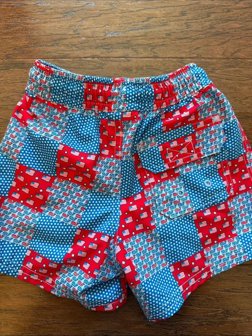 Vineyard Vines Kids Red and Blue Patchwork Swim Shorts